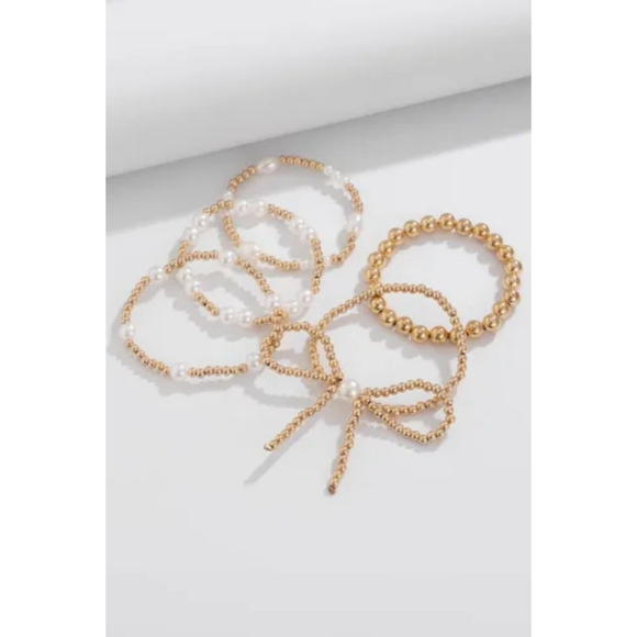 Women's Gold and White Pearl Beaded Bracelet Set, One Size - Picture 7 of 9